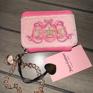 Juicy Couture Pink Plush Embroidered Coin Wallet with Gold Chain Charm
